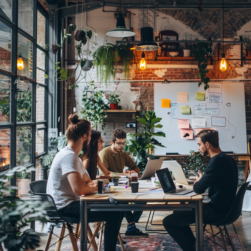 AI coding bootcamp - Entrepreneurs collaborating in a modern workspace with laptops, learning AI development tools and building MVPs